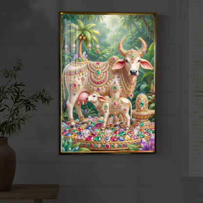 Kamadhenu Cow With Shiv Ji Modern Luxury Backlight Vertical Wall Art