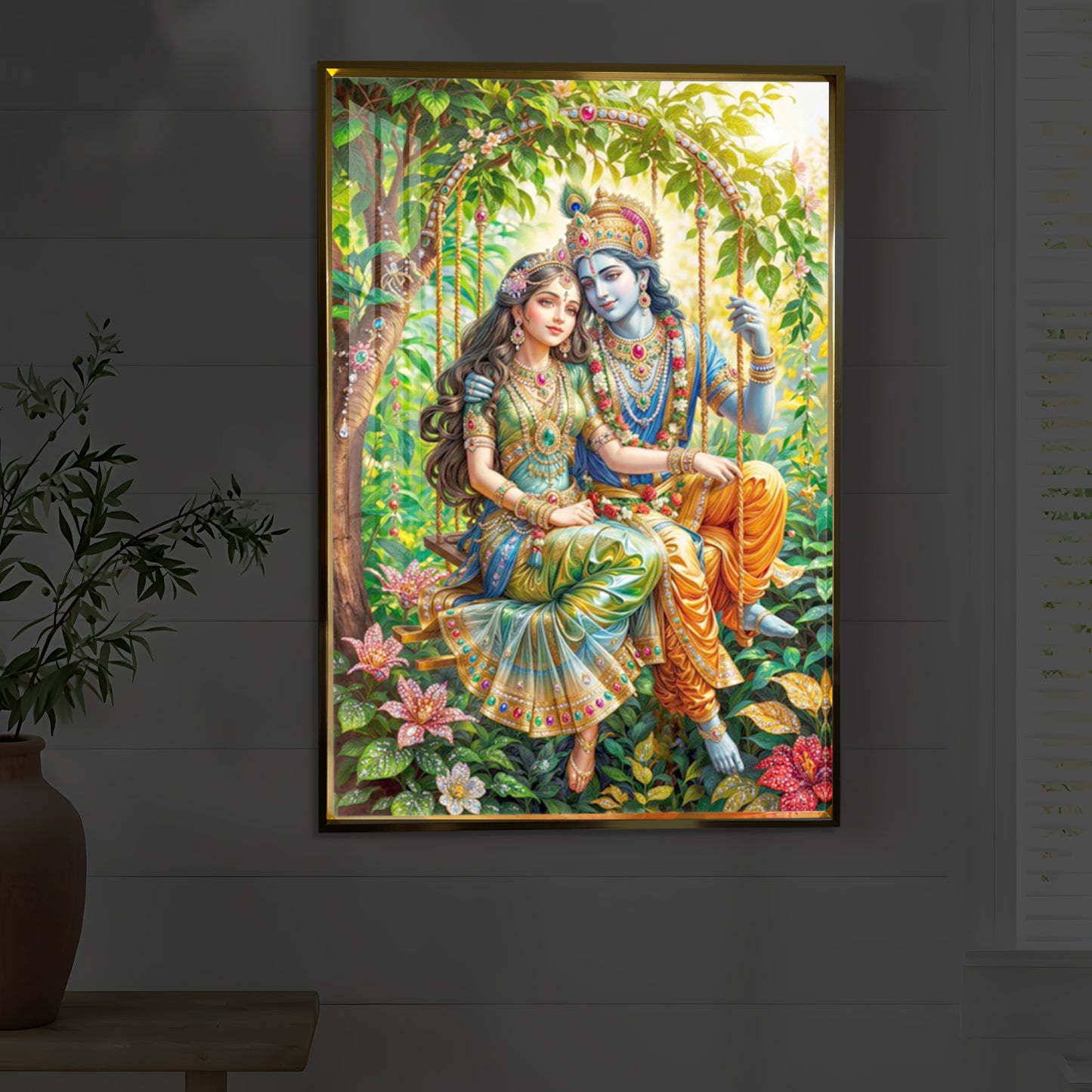 Radha Krishna Modern Luxury Backlight Vertical Wall Art