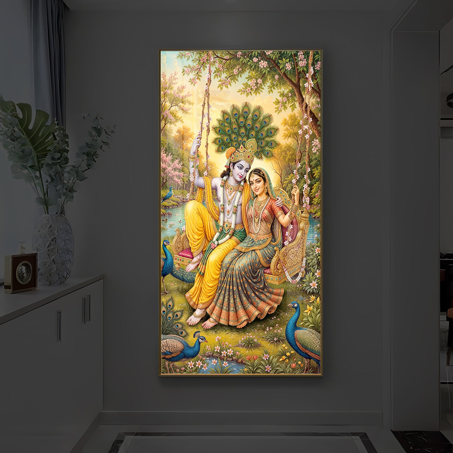 Jai Shri Radha Krishna Modern Luxury Backlight Vertical Wall Art