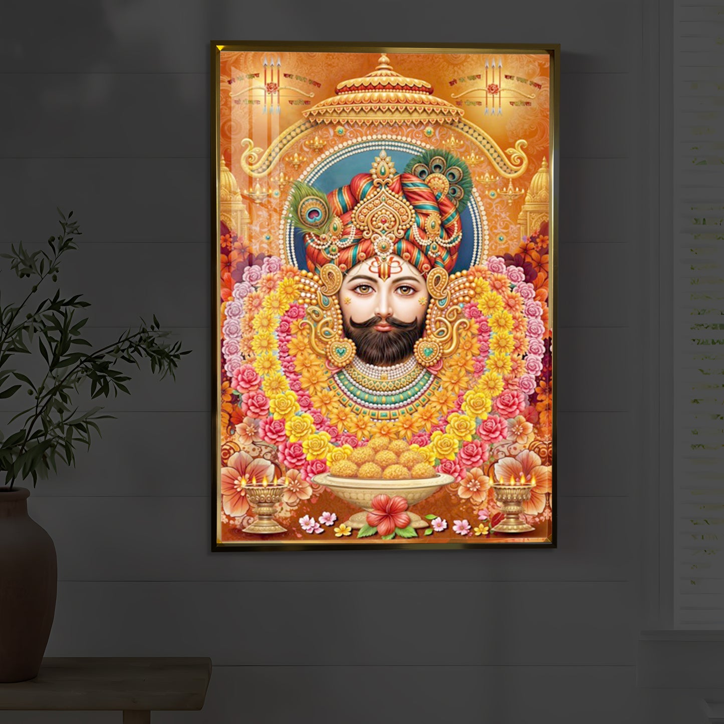 Hindu deity Khatu Shyam Ji Modern Luxury Backlight Vertical Wall Art