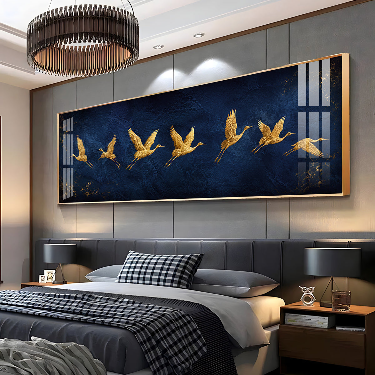 Golden Flying Cranes Dark Blue Premium Acrylic Horizontal Wall Art