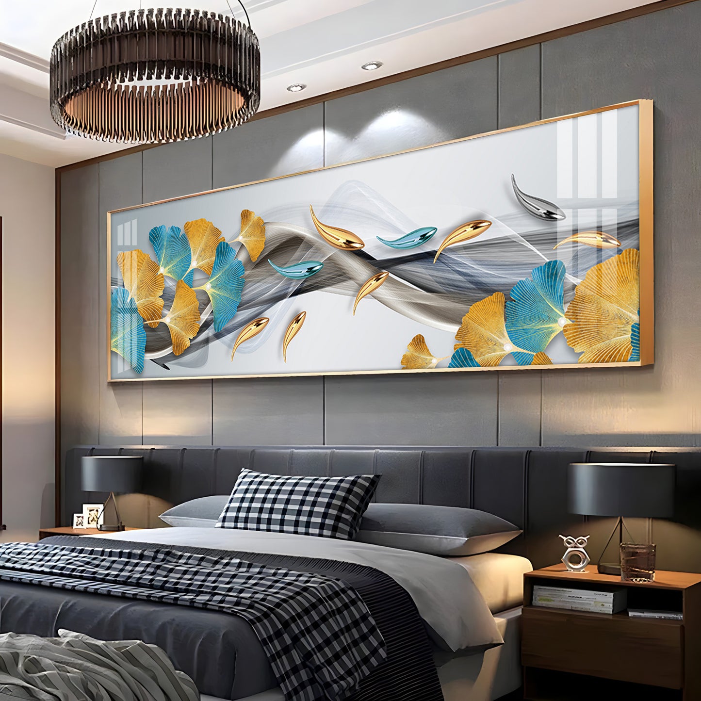 Blue & Golden Leaf Premium Acrylic Horizontal Wall Art