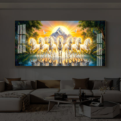 7 White Horses River Glloping Modern Luxury Backlight Horizontal Wall Art