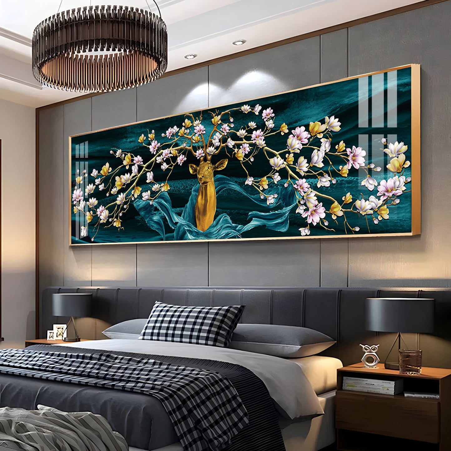 Golden Deer With Flowering Premium Acrylic Horizontal Wall Art