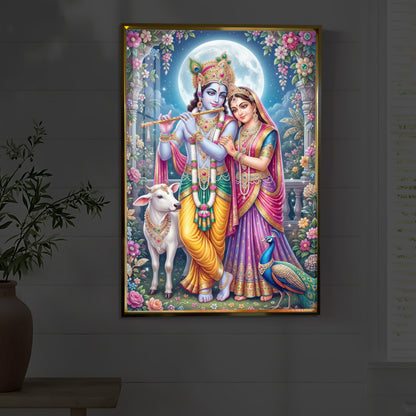 Moonlit Radha Krishna Leela Modern Luxury Backlight Vertical Wall Art