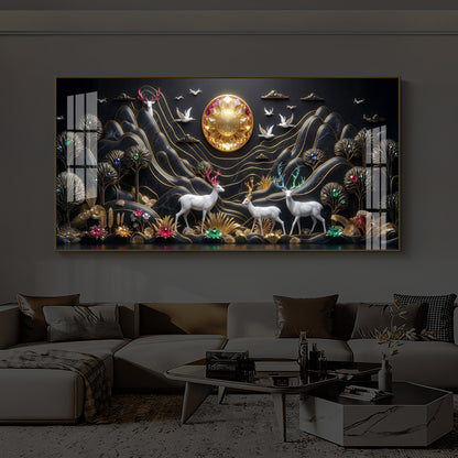 White Deer With Family Modern Luxury Backlight Horizontal Wall Art