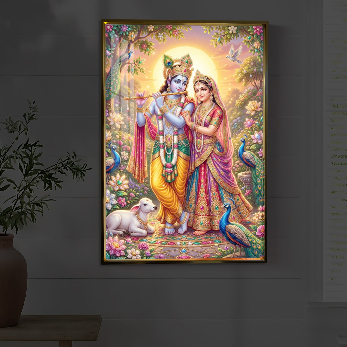 Radha Krishna Divine Harmony Modern Luxury Backlight Vertical Wall Art