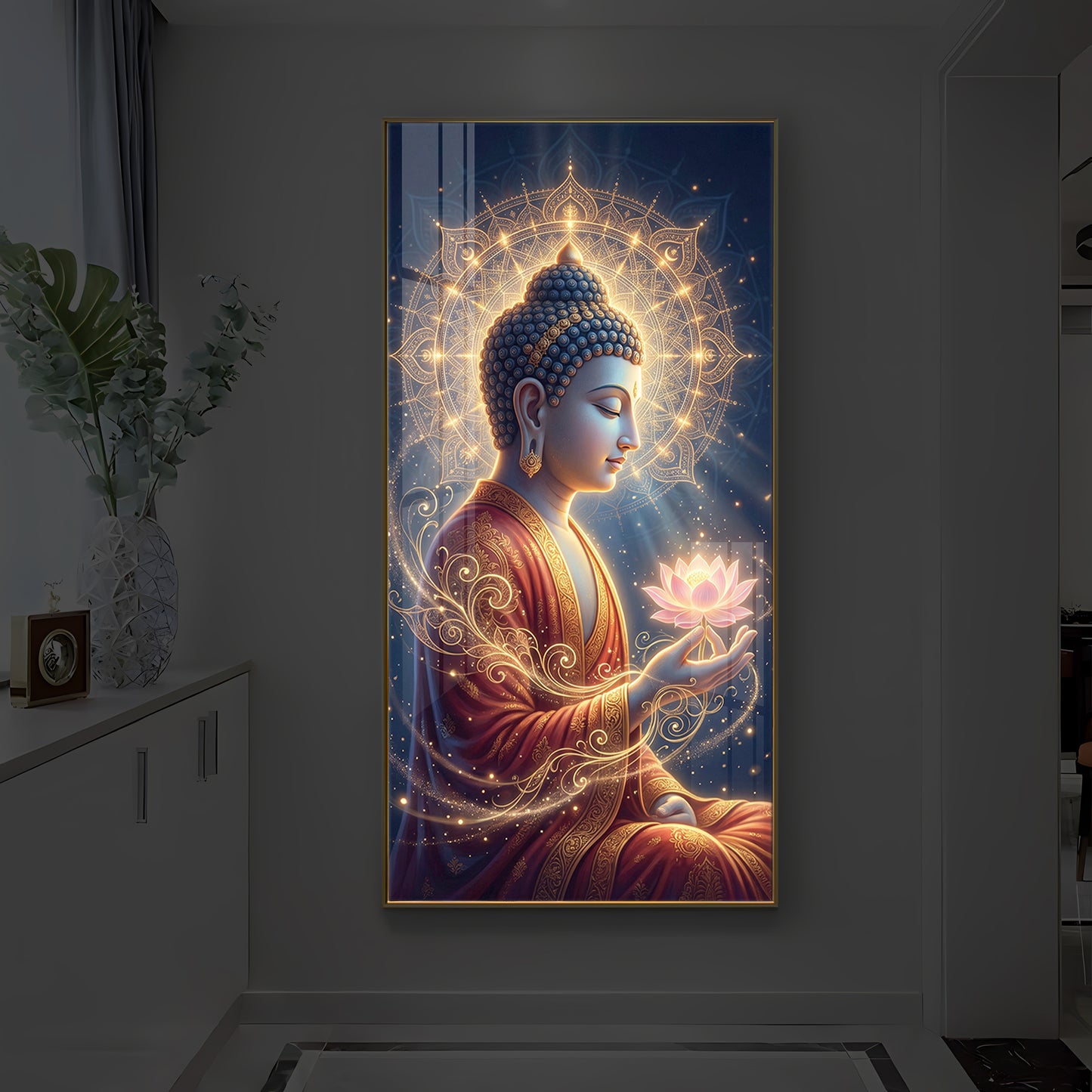Depiction Of Buddha Modern Luxury Backlight Vertical Wall Art