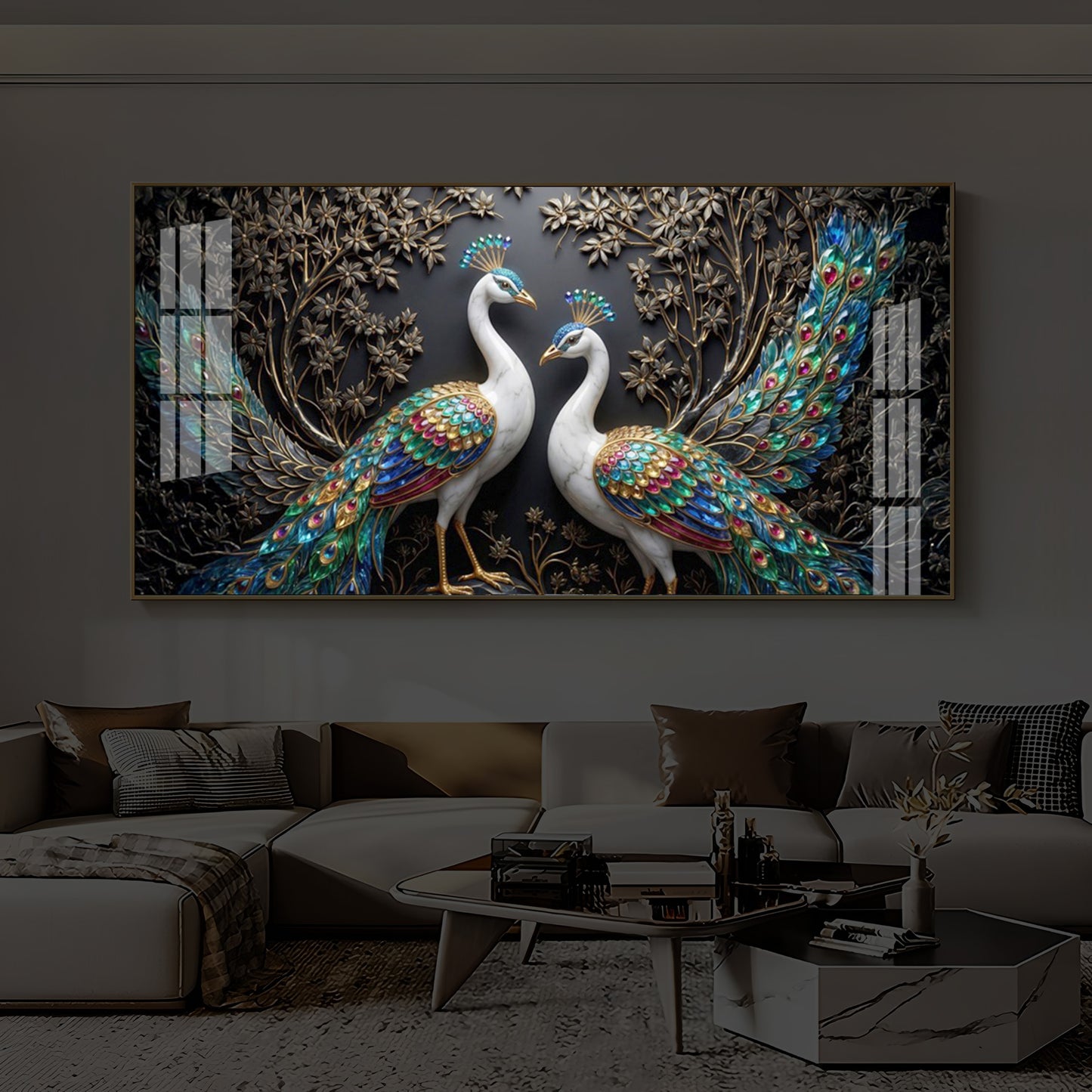 Serene Peacock Modern Luxury Backlight Horizontal Wall Art