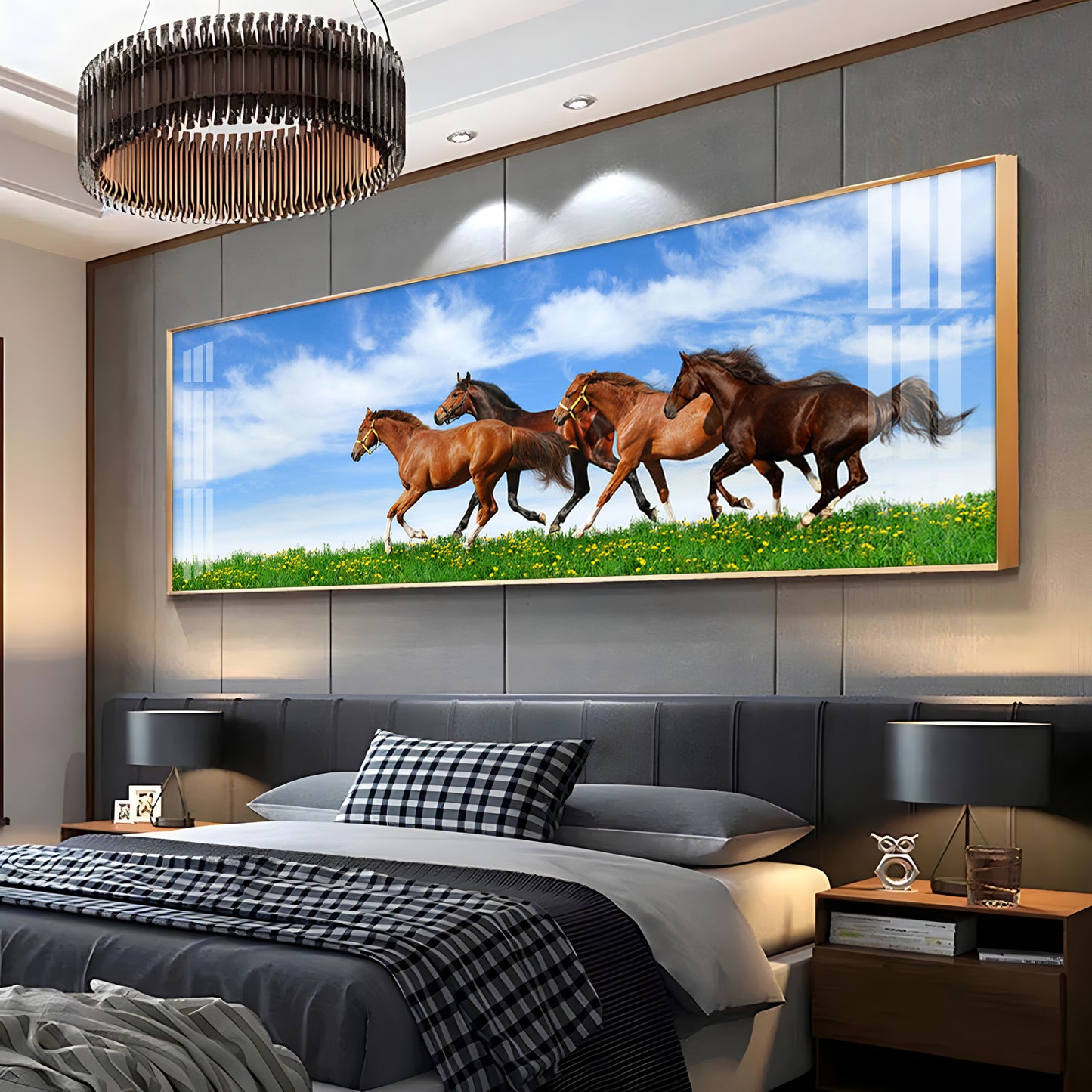 Horses In Green Grass Premium Acrylic Horizontal Wall Art