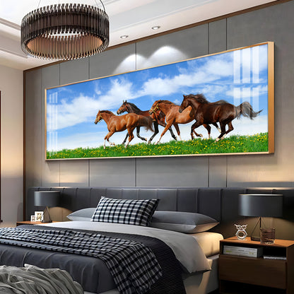 Horses In Green Grass Premium Acrylic Horizontal Wall Art