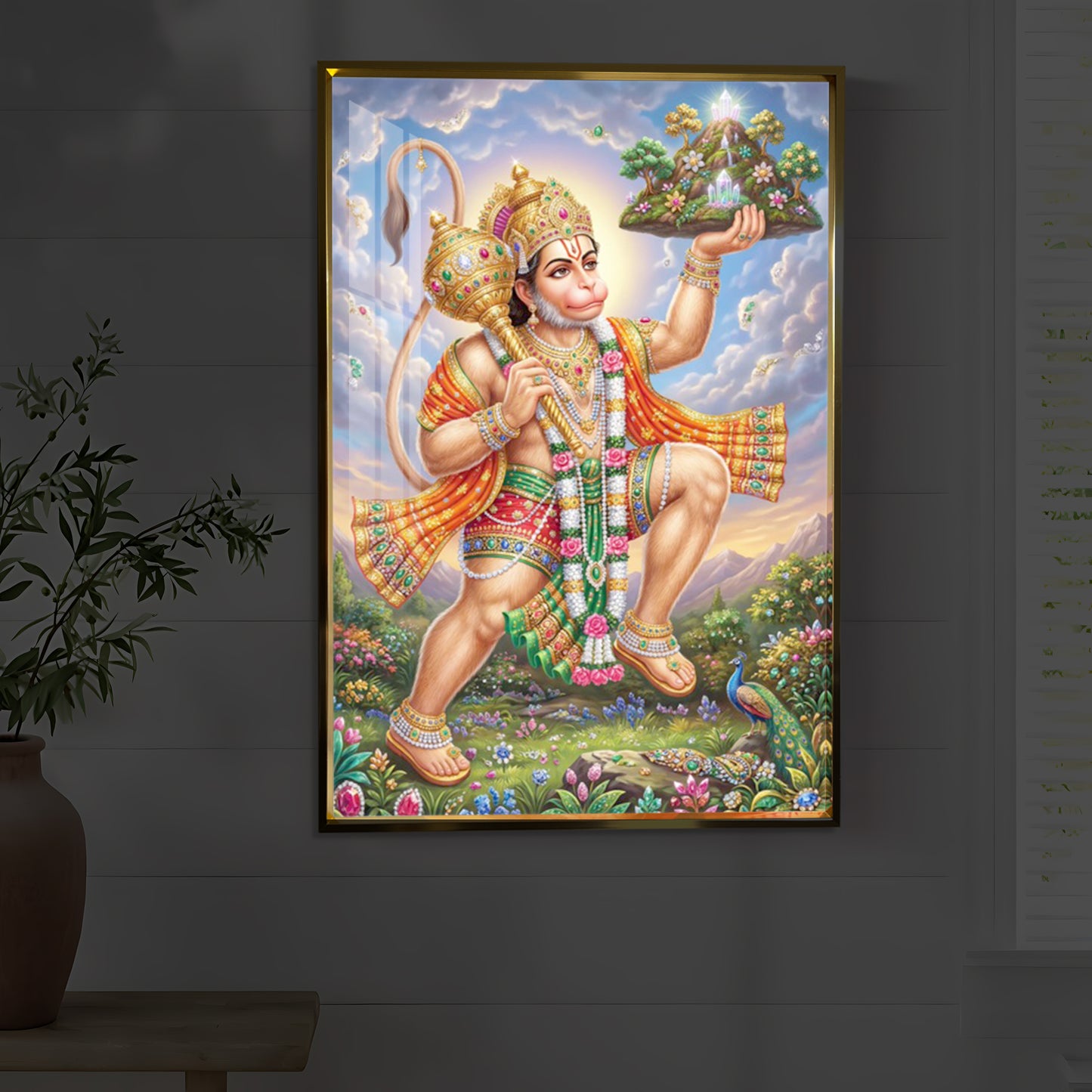Lord Hanuman Carries The Mountain Modern Luxury Backlight Vertical Wall Art