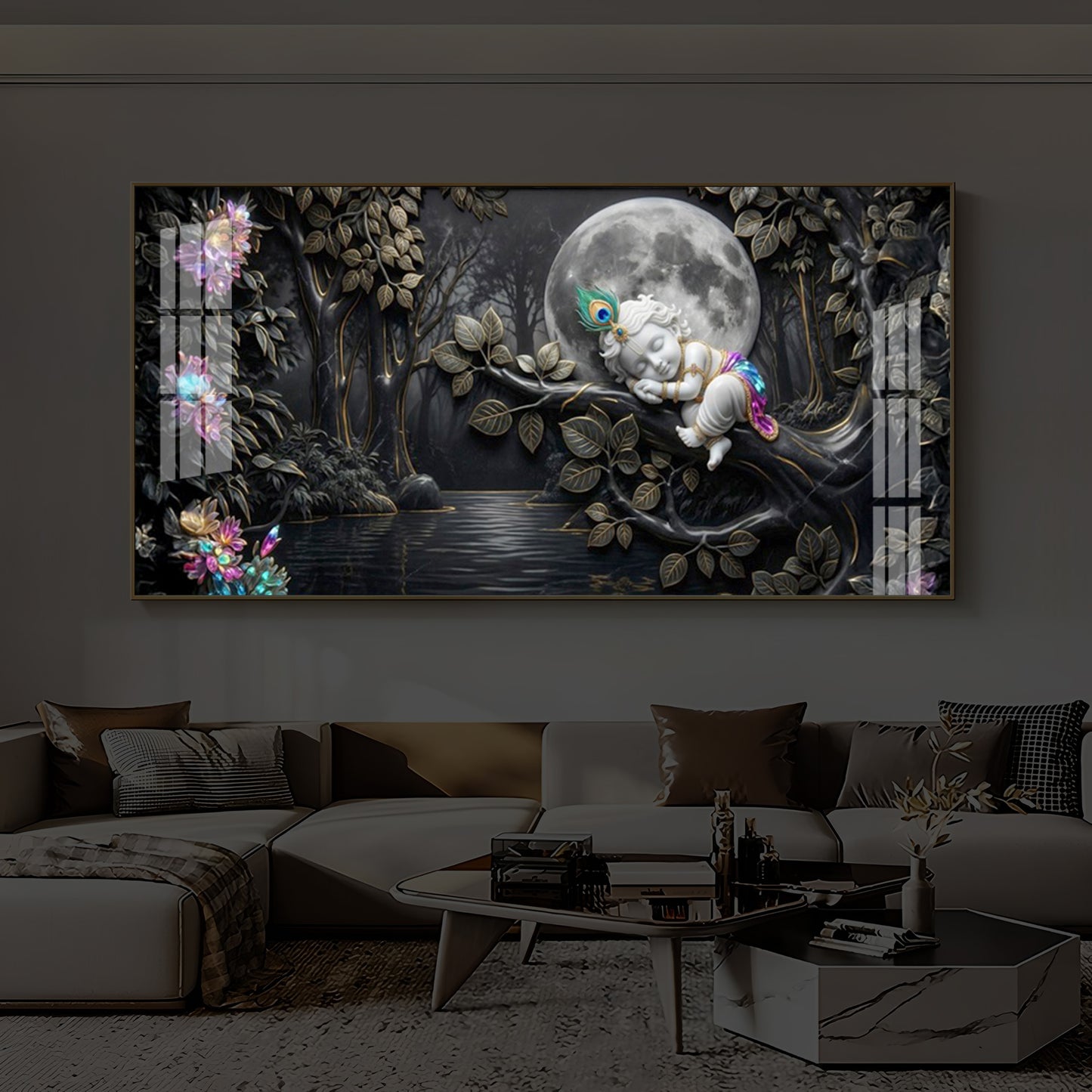 Divine Lord Little Krishna Modern Luxury Backlight Horizontal Wall Art