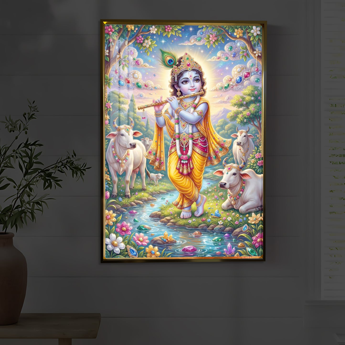 Little Kanha With Cow Modern Luxury Backlight Vertical Wall Art