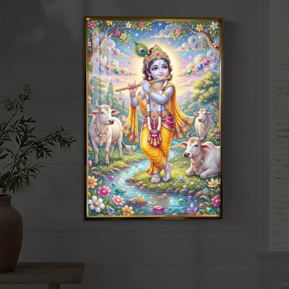 Little Kanha With Cow Modern Luxury Backlight Vertical Wall Art