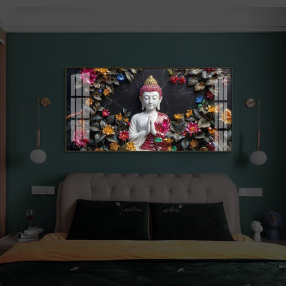 White Buddha With Pink Lotus Modern Luxury Backlight Horizontal Wall Art