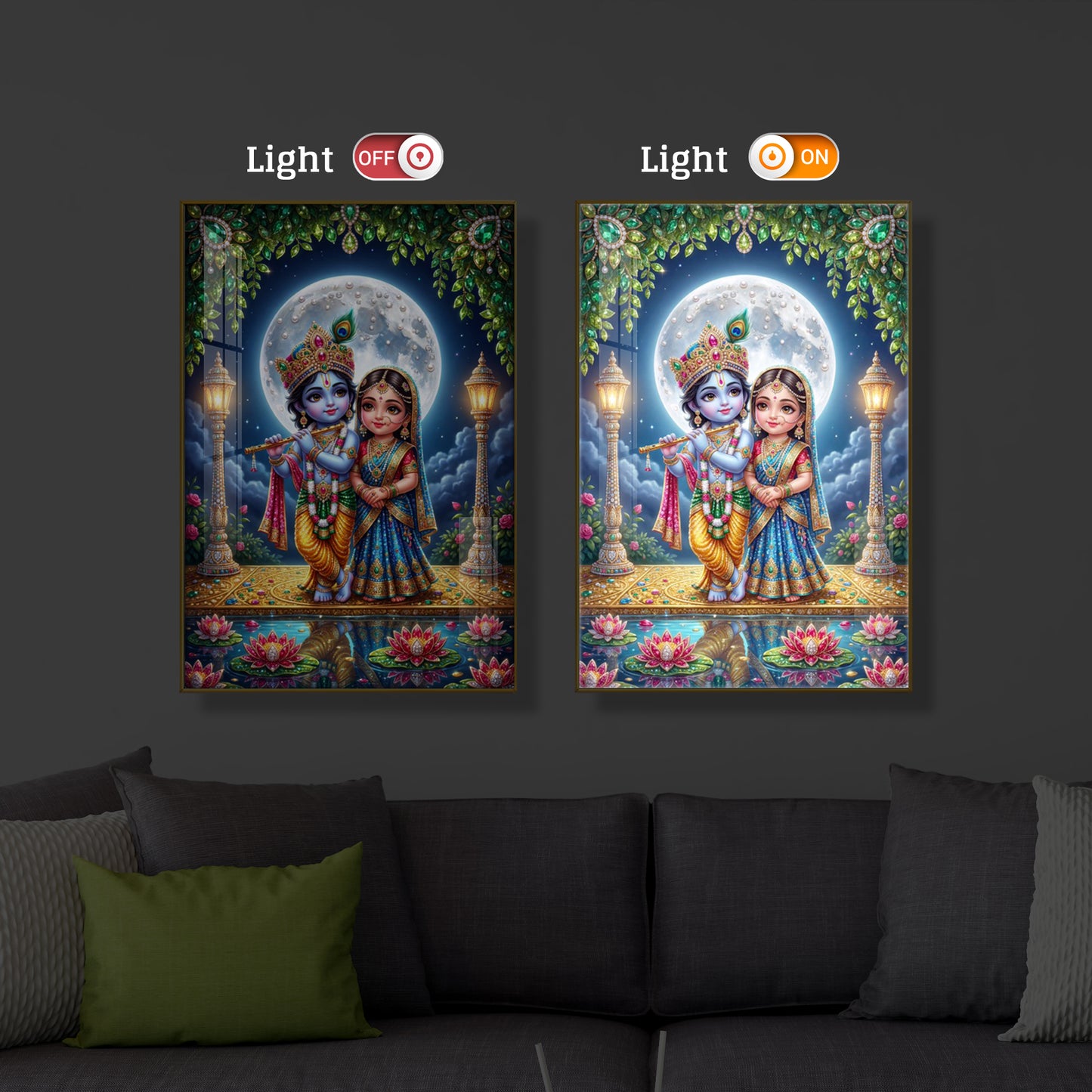 Little Radha Krishna Modern Luxury Backlight Vertical Wall Art