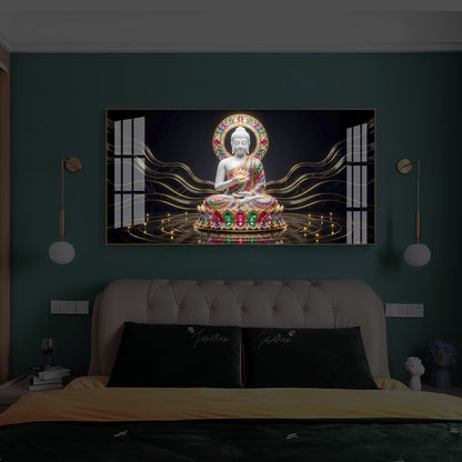 White Buddha Statue Modern Luxury Backlight Horizontal Wall Art