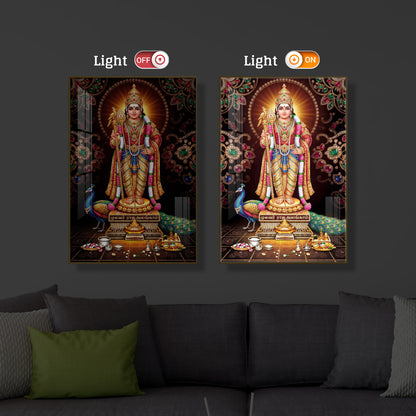 Lord Murugan With Peacock Modern Luxury Backlight Vertical Wall Art