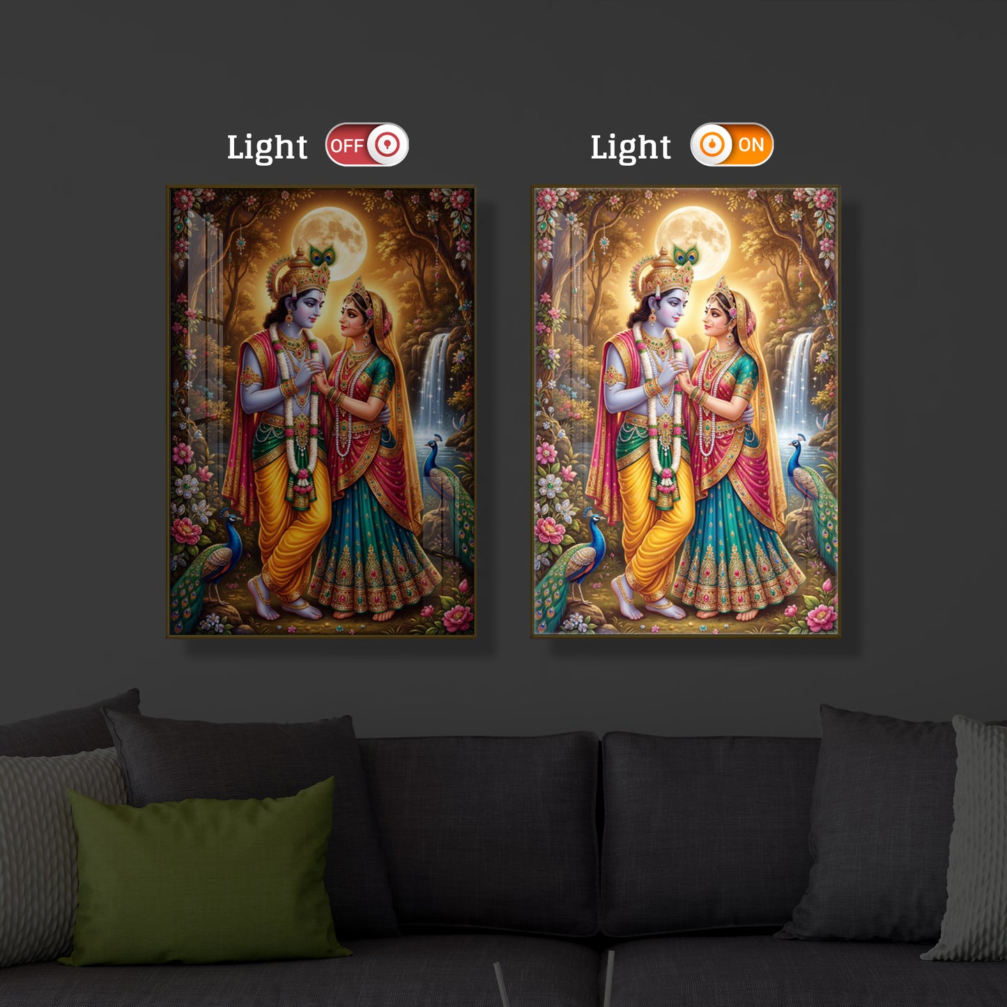 Radha Krishna in Vrindavan Garden Modern Luxury Backlight Vertical Wall Art