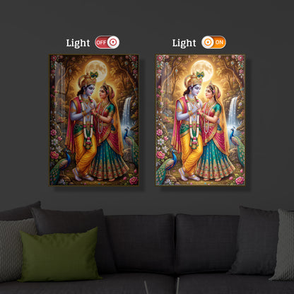 Radha Krishna in Vrindavan Garden Modern Luxury Backlight Vertical Wall Art