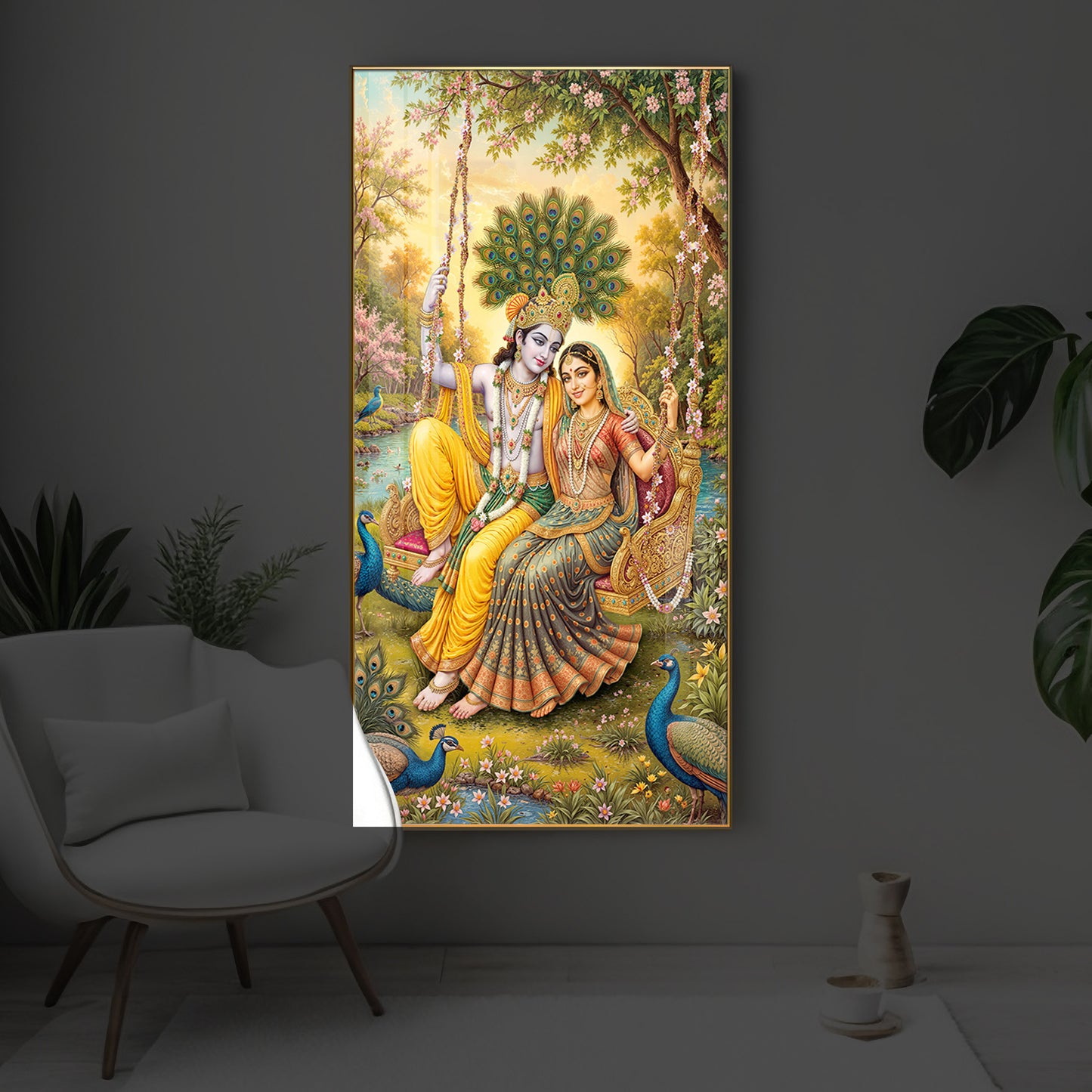 Jai Shri Radha Krishna Modern Luxury Backlight Vertical Wall Art