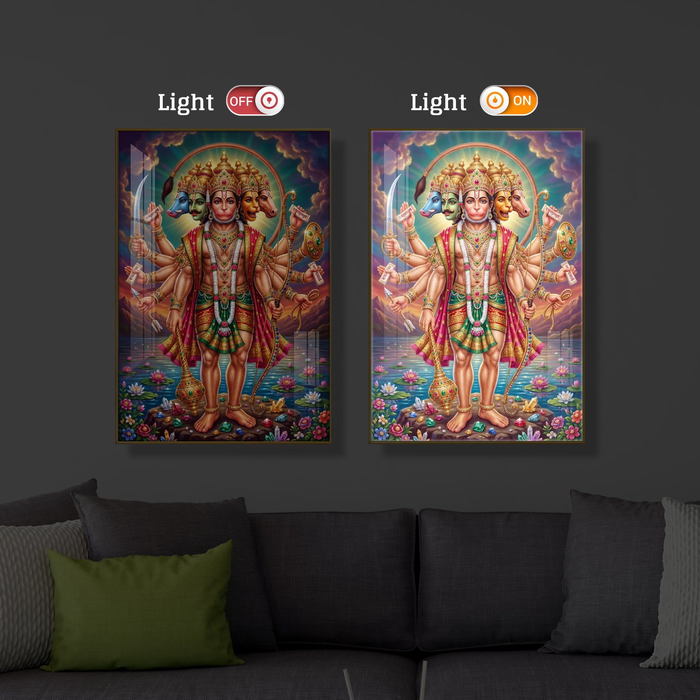 Spiritual Panchamukhi Hanuman Modern Luxury Backlight Vertical Wall Art