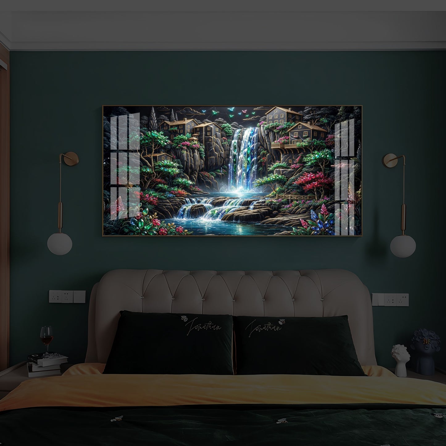 Lush Mountain Waterfall Modern Luxury Backlight Horizontal Wall Art