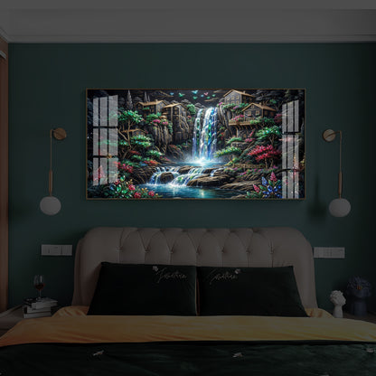 Lush Mountain Waterfall Modern Luxury Backlight Horizontal Wall Art