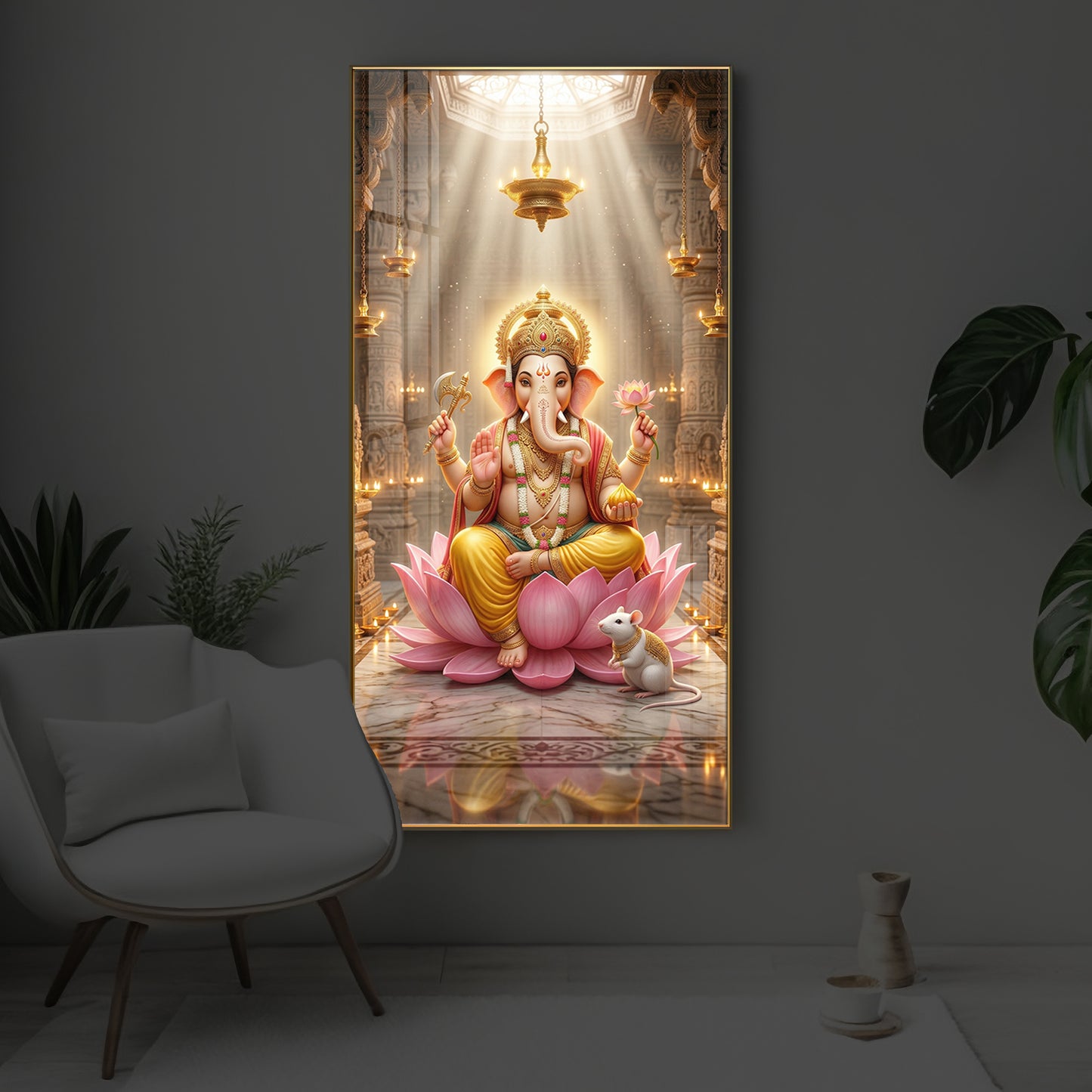 Lord Ganesh Ji On Lotus Modern Luxury Backlight Vertical Wall Art