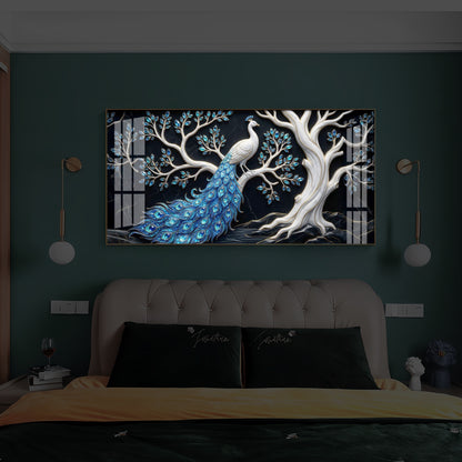 Peacock With Blue Feather Modern Luxury Backlight Horizontal Wall Art