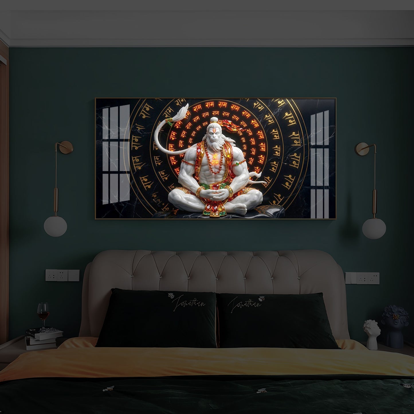 Lord Hanuman Sitting In A Meditative Modern Luxury Backlight Horizontal Wall Art