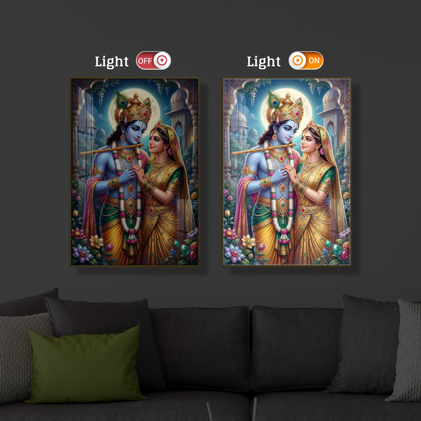 Goddess Shri Radha and God Krishna Modern Luxury Backlight Vertical Wall Art