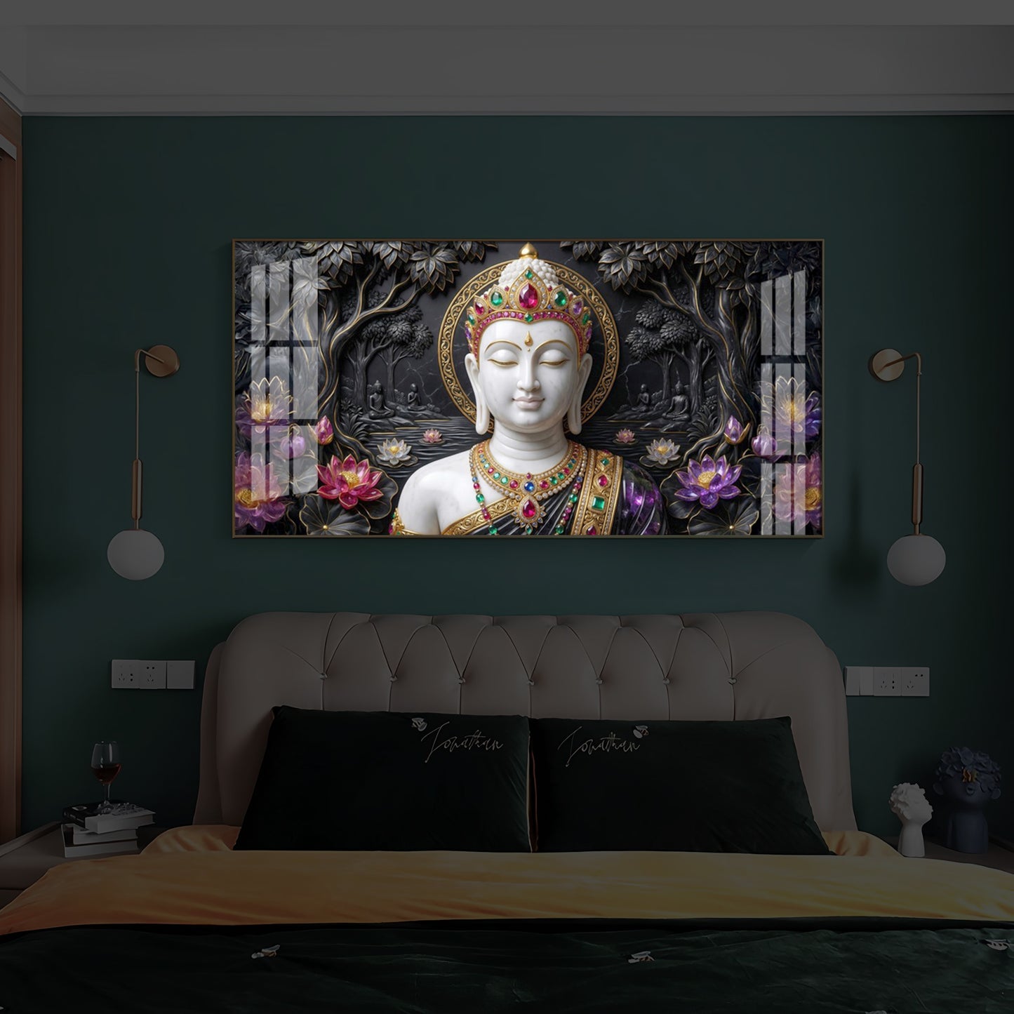 Lotus Serenity Lord Buddha Modern Luxury Backlight Horizontal Wall Art