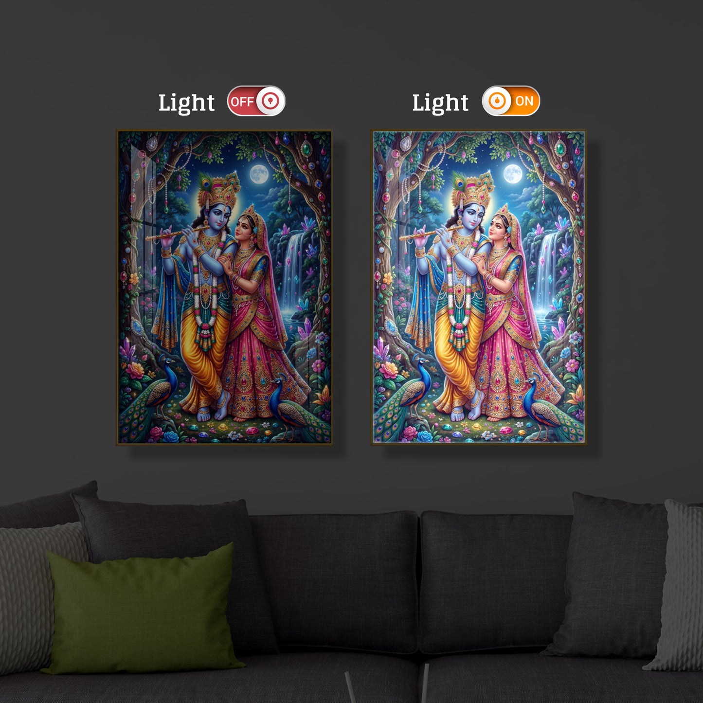 Eternal Love of Radha Krishna Modern Luxury Backlight Vertical Wall Art