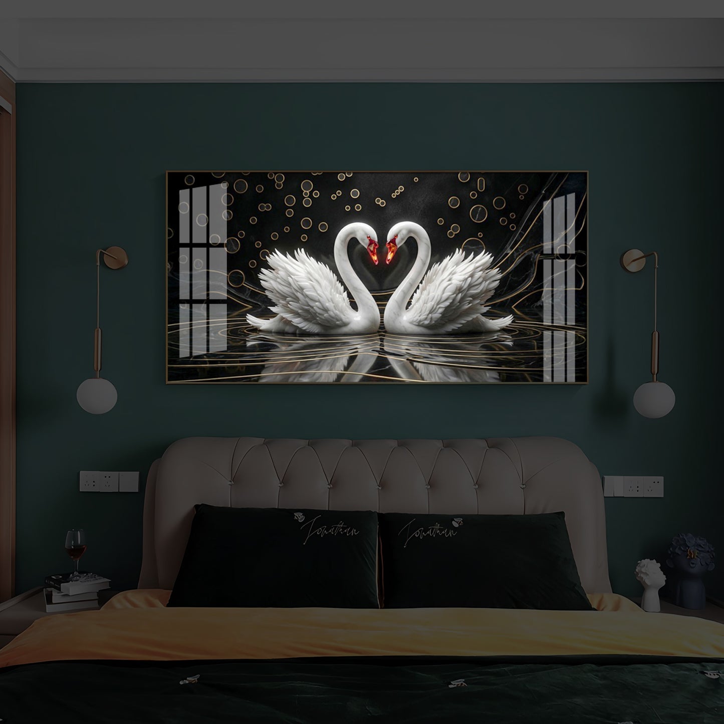 Two White Swans Forming A Heart Modern Luxury Backlight Horizontal Wall Art