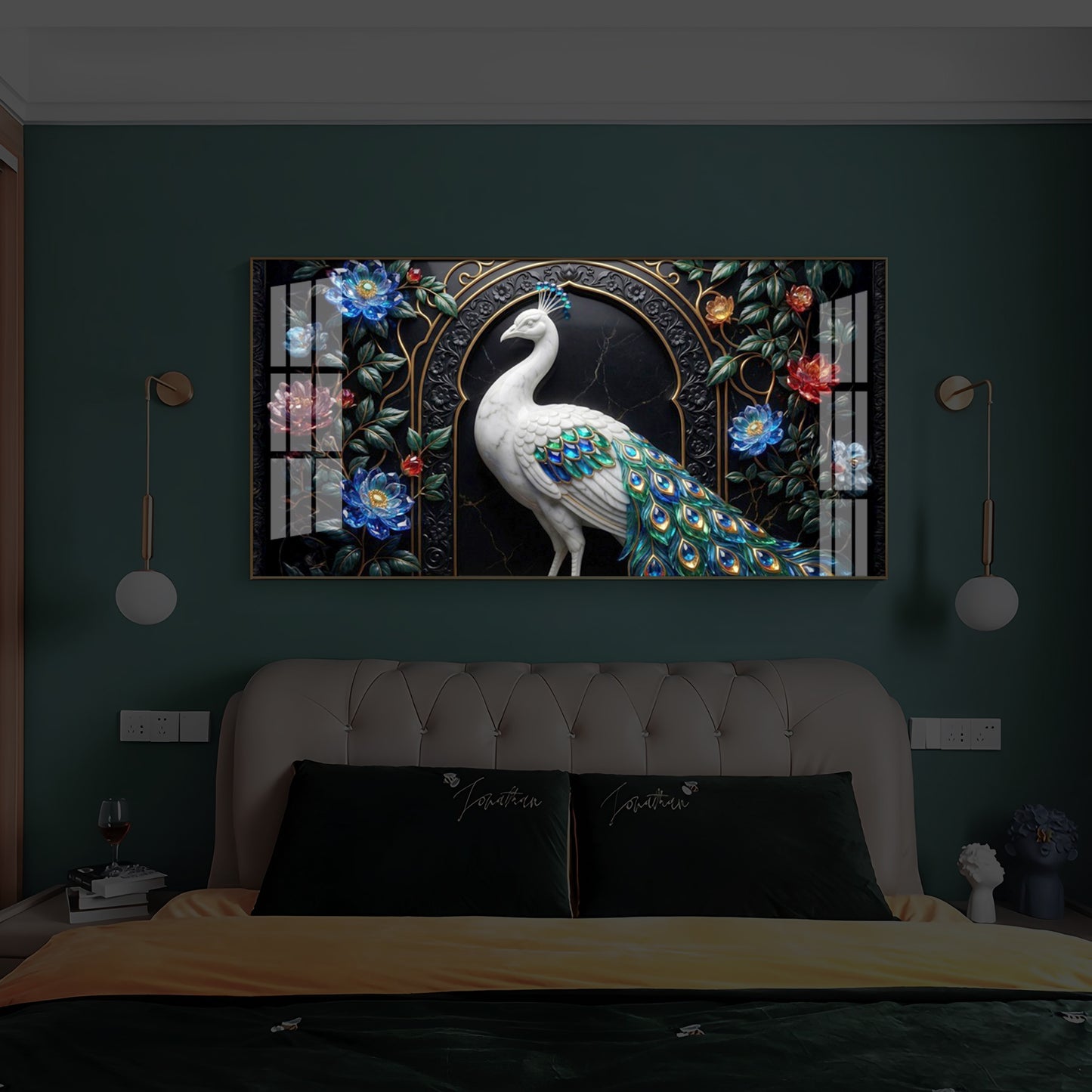 Majestic Peacock With Flower Modern Luxury Backlight Horizontal Wall Art