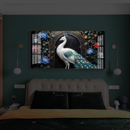 Majestic Peacock With Flower Modern Luxury Backlight Horizontal Wall Art