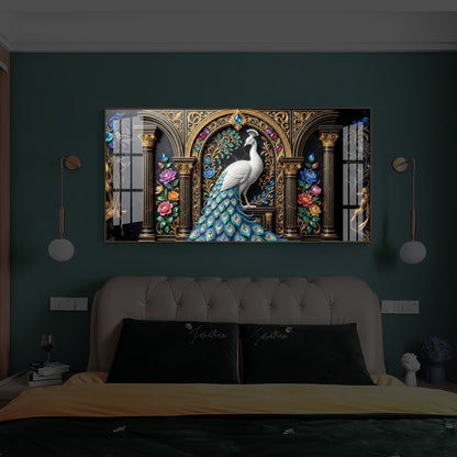 White Peacock Against A Dark Modern Luxury Backlight Horizontal Wall Art