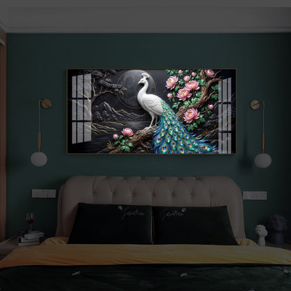 White Peacock With Flowers Modern Luxury Backlight Horizontal Wall Art