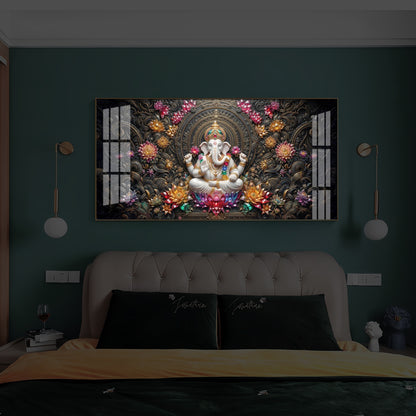 Lord Ganesha Blooming Lotuses Modern Luxury Backlight Horizontal Wall Art