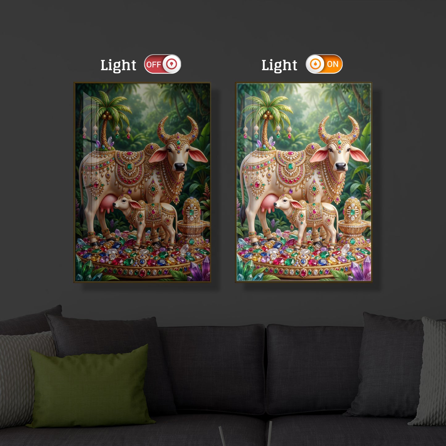 Kamadhenu Cow With Shiv Ji Modern Luxury Backlight Vertical Wall Art
