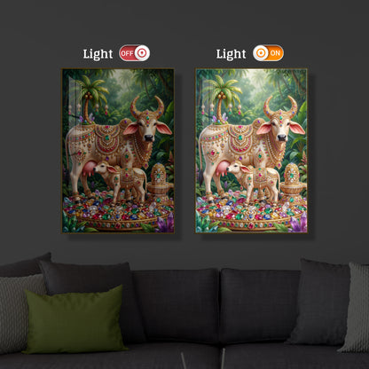 Kamadhenu Cow With Shiv Ji Modern Luxury Backlight Vertical Wall Art