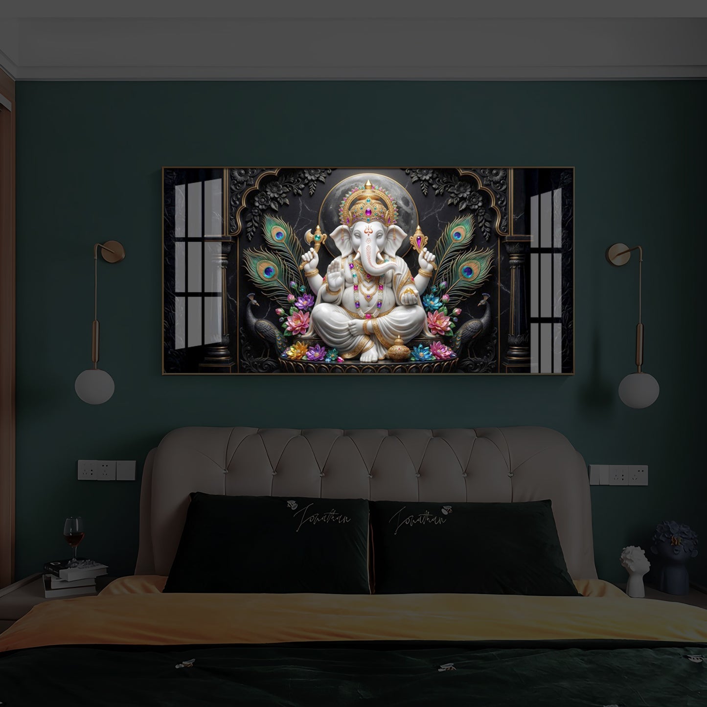 Lord Ganesha With Peacock Feather Modern Luxury Backlight Horizontal Wall Art