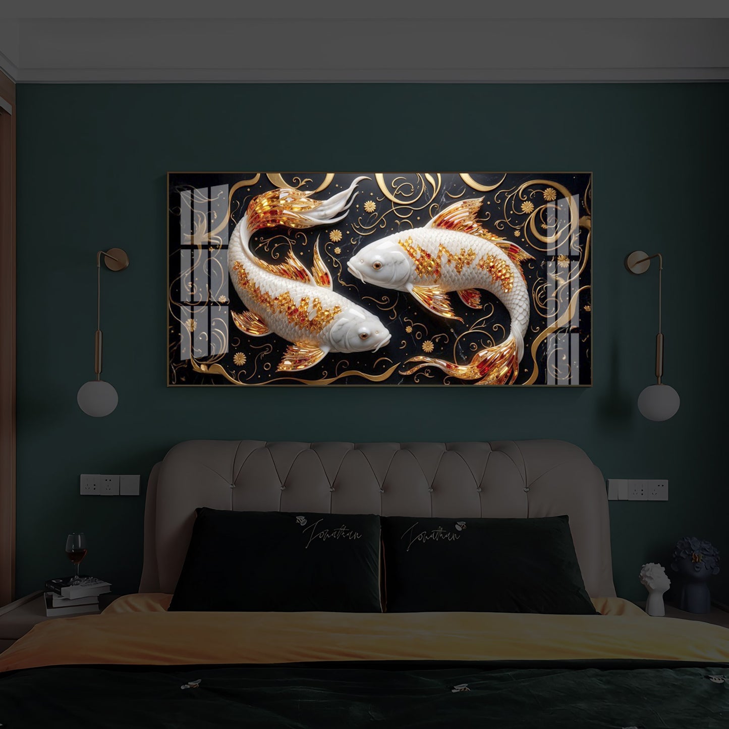 Two Golden Koi Fish Modern Luxury Backlight Horizontal Wall Art