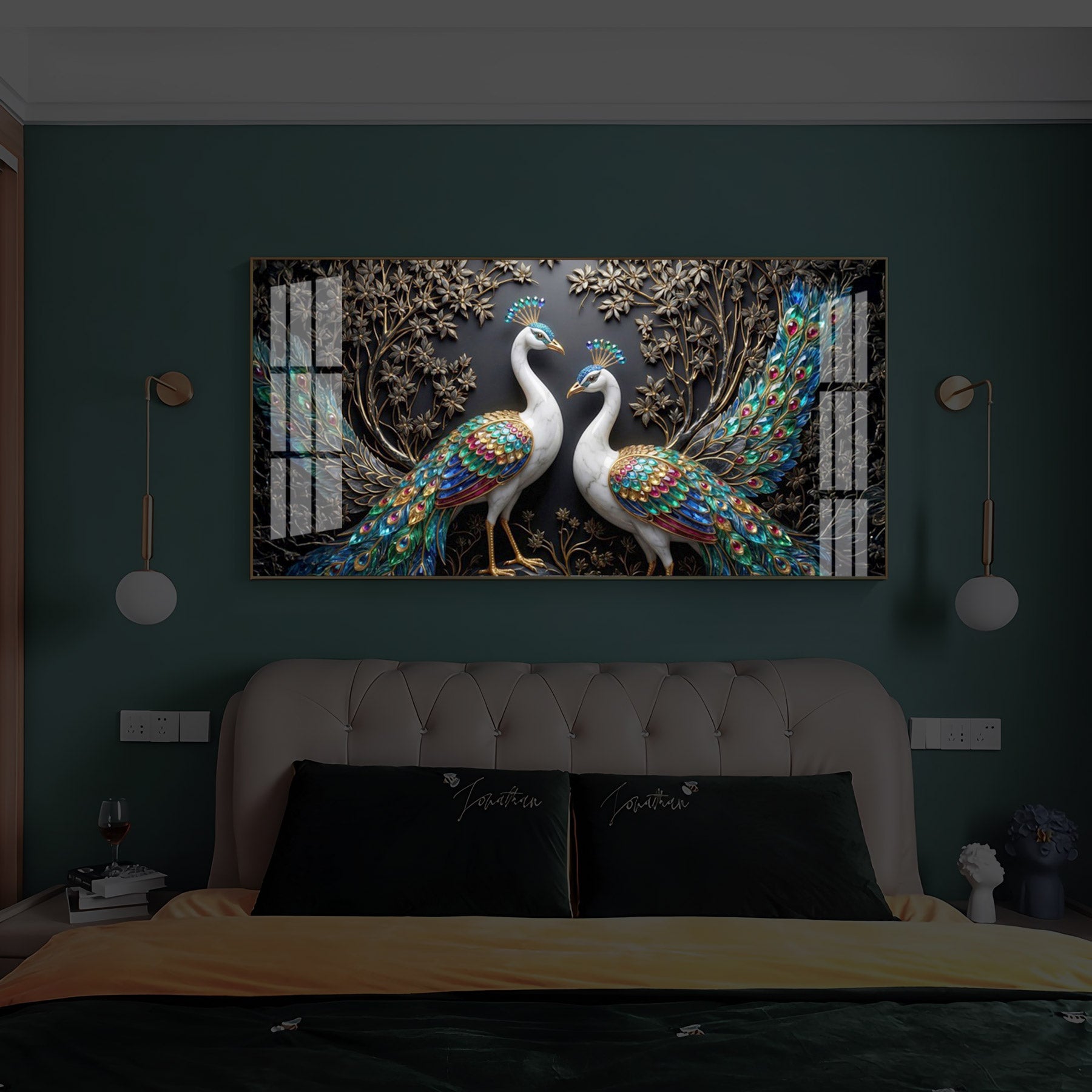 Serene Peacock Modern Luxury Backlight Horizontal Wall Art