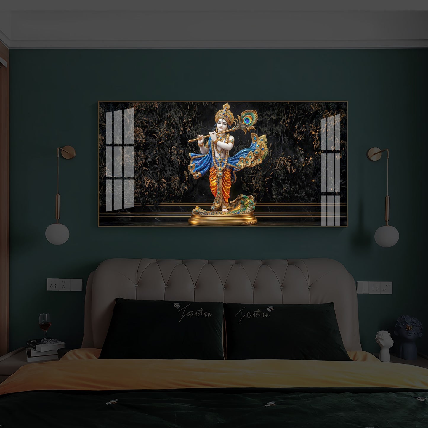 Lord Krishna With Flute Modern Luxury Backlight Horizontal Wall Art