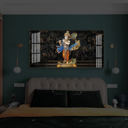 Lord Krishna With Flute Modern Luxury Backlight Horizontal Wall Art