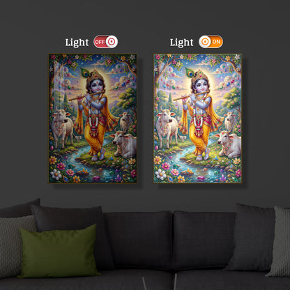 Little Kanha With Cow Modern Luxury Backlight Vertical Wall Art