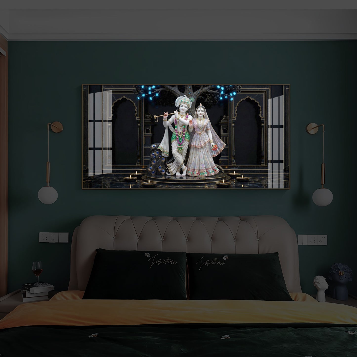 Radha Krishna With Flute Modern Luxury Backlight Horizontal Wall Art